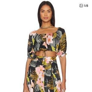 Favorite Daughter Black Floral Puff off the shoulder Sleeve Blouse black pink